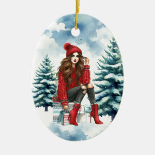 Weihnachts-Chic Brünette Rote Mode Personalisiert Keramik Ornament