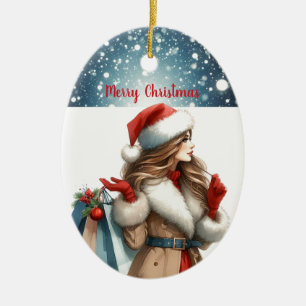 Weihnachts-Chic Brünette Rote Mode Personalisiert Keramik Ornament