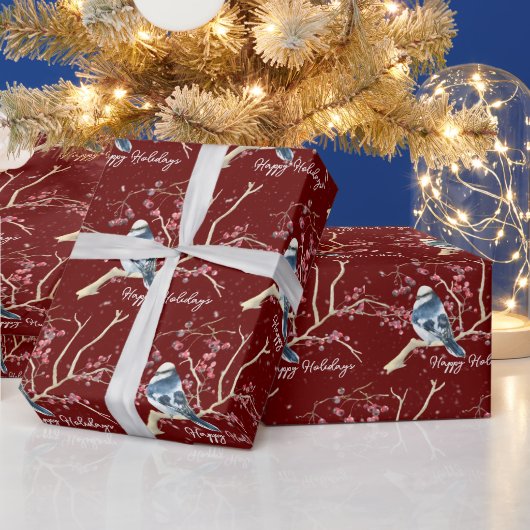 Weihnachts-Chickade mit Berries und Schneeflocken Geschenkpapier (Feiertage)