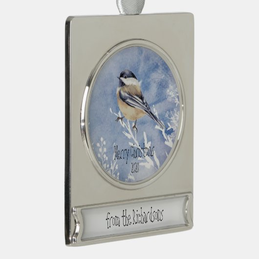 Weihnachts-Chickadee Bird Winter Custom Dating Banner-Ornament Silber (Rechts)