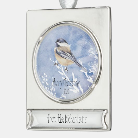 Weihnachts-Chickadee Bird Winter Custom Dating Banner-Ornament Silber (Links)