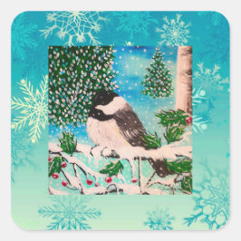 Weihnachts-Chickadee Chatter Plate Quadratischer Aufkleber