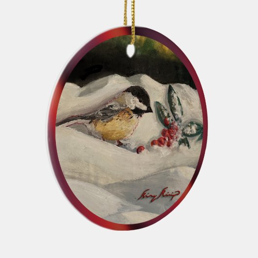 Weihnachts-Chickadee mit Mistletoe & Winterschnee Keramik Ornament (Rechts)