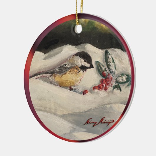 Weihnachts-Chickadee mit Mistletoe & Winterschnee Keramik Ornament (Links)