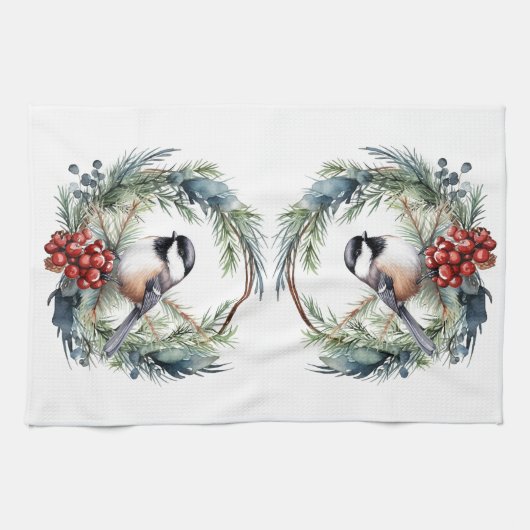 Weihnachts-Chickademie Bird in Wreath Art Geschirrtuch (Horizontal)
