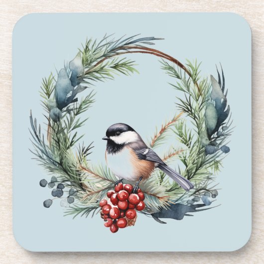 Weihnachts-Chickademie Bird in Wreath Art Getränkeuntersetzer (Vorderseite)