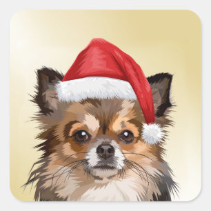 Weihnachts-Chihuahua-Welpe mit Weihnachtsmannmütze Quadratischer Aufkleber