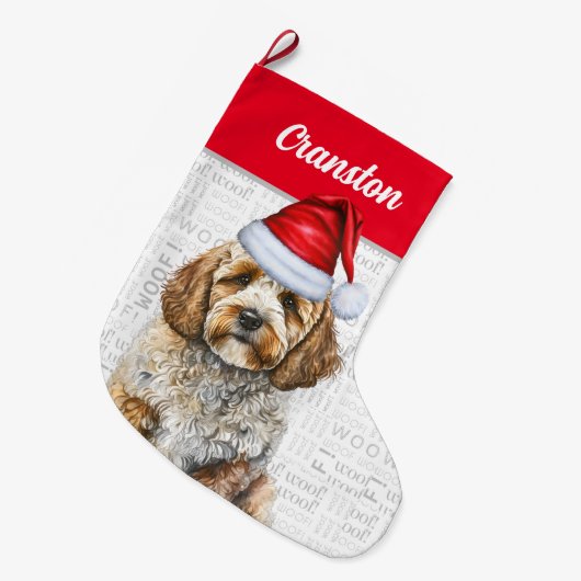 Weihnachts Cockapoo Santa mit dem Namen des Hundes Großer Weihnachtsstrumpf (Vorderansicht (hängend))