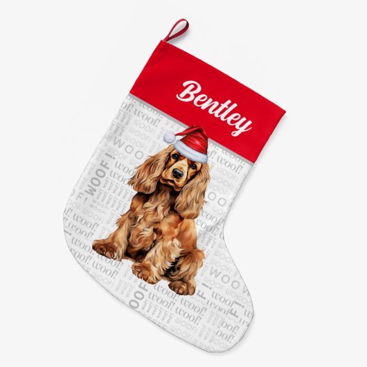 Weihnachts-Cocker Spaniel mit Hundenname Großer Weihnachtsstrumpf (Vorderansicht (hängend))