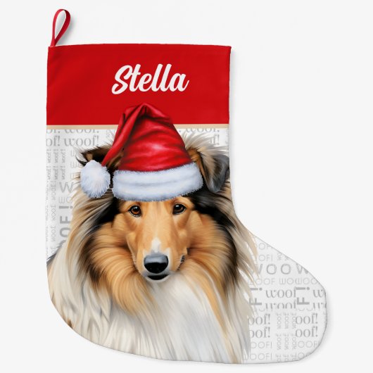 Weihnachts-Collie Hund mit Name Woof Hintergrund Großer Weihnachtsstrumpf (Vorderseite)