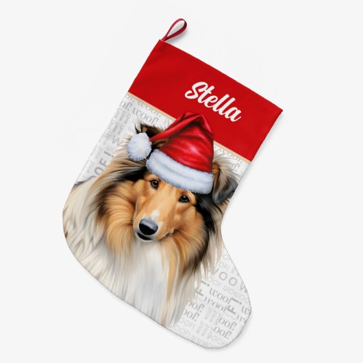 Weihnachts-Collie Hund mit Name Woof Hintergrund Großer Weihnachtsstrumpf (Vorderansicht (hängend))
