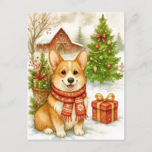 Weihnachts-Corgi auf dem Bauernhof Wasserfarben-Po Feiertagspostkarte
