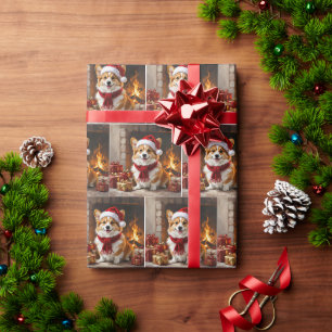 Weihnachts-Corgi-Hund am Kamin Geschenkpapier