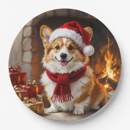 Weihnachts-Corgi-Hund am Kamin Pappteller (Vorderseite)