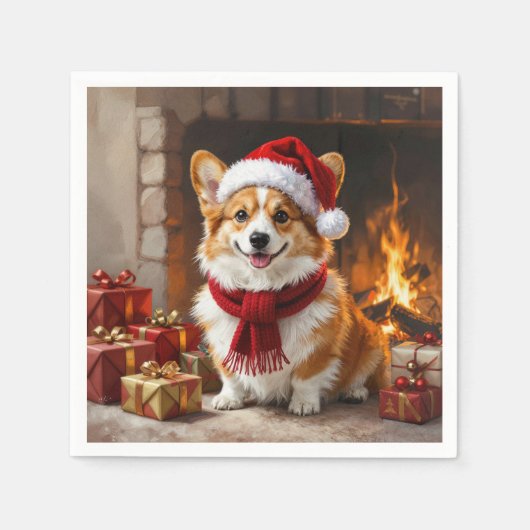 Weihnachts-Corgi-Hund am Kamin Serviette (Vorderseite)