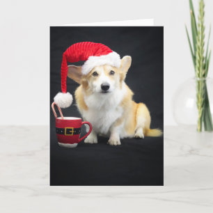 Weihnachts-Corgi in Mütze mit Tasse und Zuckerstan Karte
