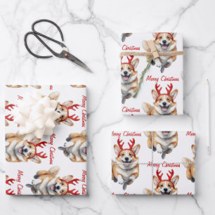 Weihnachts-Corgi mit Rentier-Antlers Geschenkpapier Set