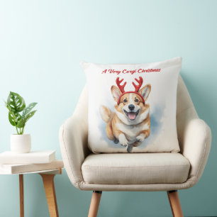 Weihnachts-Corgi mit Rentier-Antlers springen Kissen