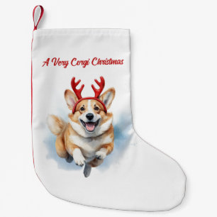 Weihnachts-Corgi mit Rentier-Antlers springen Kleiner Weihnachtsstrumpf