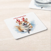 Weihnachts-Corgi mit Rentier-Antlers springen Rechteckiger Pappuntersetzer (angewinkelt)