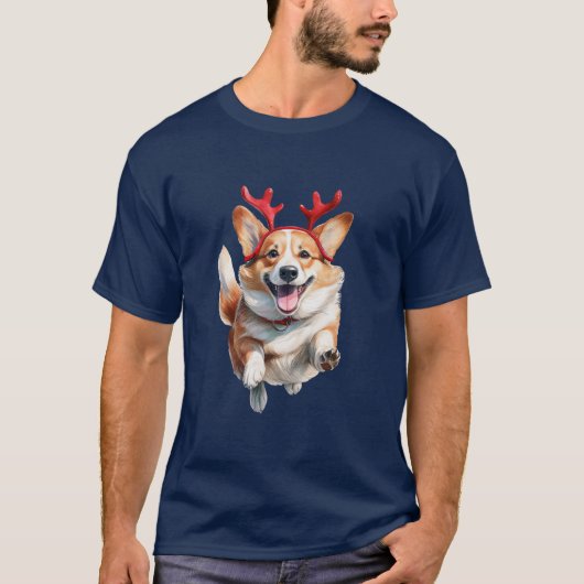 Weihnachts-Corgi mit Rentier-Antlers T-Shirt (Vorderseite)