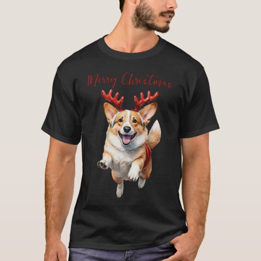 Weihnachts-Corgi mit Rentier-Antlers T-Shirt (Vorderseite)