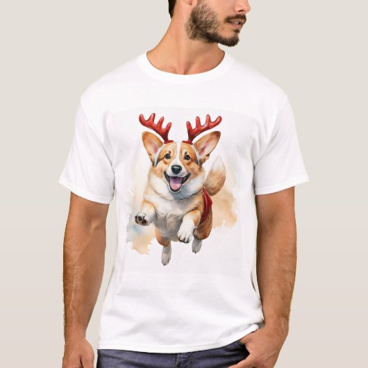 Weihnachts-Corgi mit Rentier-Antlers T-Shirt (Vorderseite)