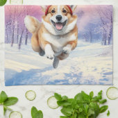 Weihnachts-Corgi-Rentierfischer springen im Schnee Geschirrtuch (Gefaltet)