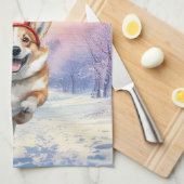 Weihnachts-Corgi-Rentierfischer springen im Schnee Geschirrtuch (Viertel Falte)