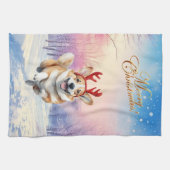 Weihnachts-Corgi-Rentierfischer springen im Schnee Geschirrtuch (Horizontal)