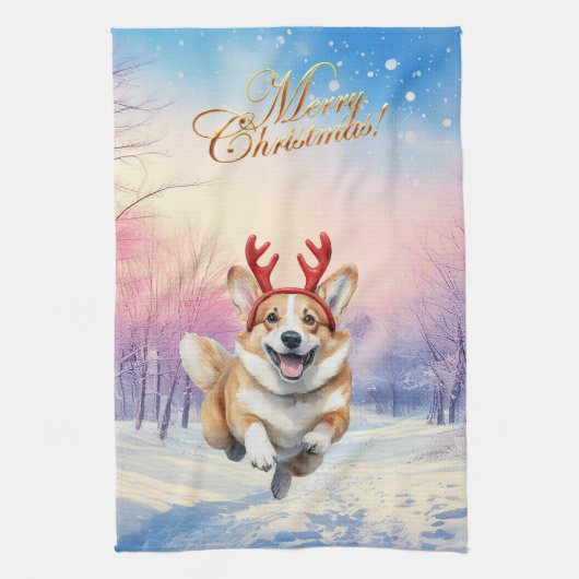 Weihnachts-Corgi-Rentierfischer springen im Schnee Geschirrtuch (Vertikal)