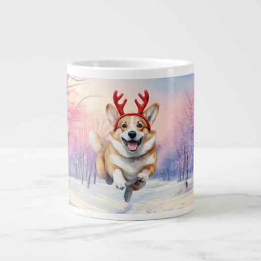 Weihnachts-Corgi-Rentierfischer springen im Schnee Jumbo-Tasse (Vorderseite)