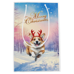 Weihnachts-Corgi-Rentierfischer springen im Schnee Mittlere Geschenktüte