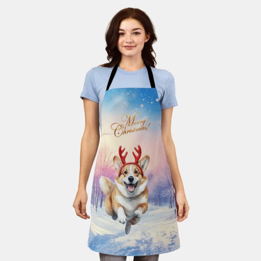 Weihnachts-Corgi-Rentierfischer springen im Schnee Schürze (Getragen)