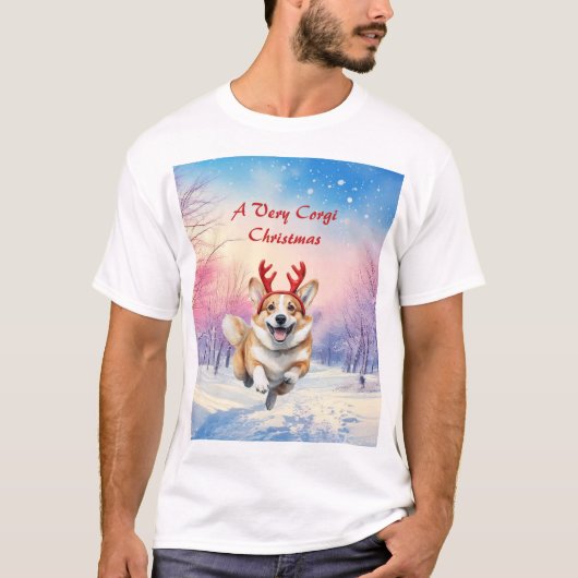 Weihnachts-Corgi-Rentierfischer springen im Schnee T-Shirt (Vorderseite)