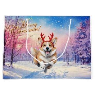 Weihnachts-Corgi-Rentiergeweih springt im Schnee Große Geschenktüte