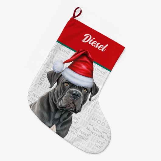 Weihnachts-Corso Hund mit Name Woof Hintergrund Großer Weihnachtsstrumpf (Vorderansicht (hängend))