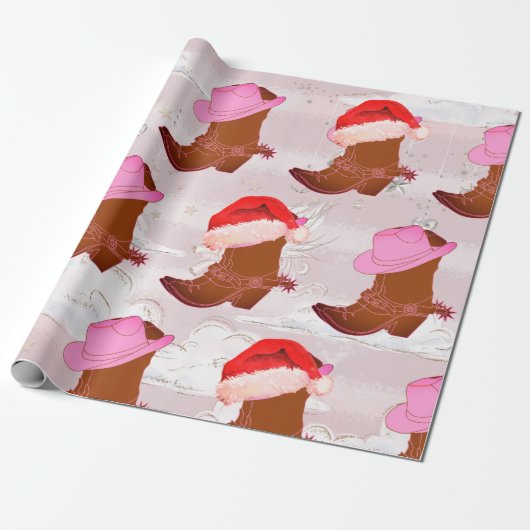Weihnachts Cowboy Cowgirl Rustikal Pink Geschenkpapier (Ungerollt)