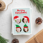 Weihnachts-Crew Vier Foto Weihnachtskarte Feiertagskarte<br><div class="desc">Schicken Sie dieses Jahr eine leichte und lustige Urlaubskarte aus, die Ihre Fotos mit festlichen Gesichtern in einem besonderen Stil, den Weihnachtsmänner und Elfenhüte, zum Mittelpunkt macht. Damit Ihre Fotos den Platz einnehmen können, müssen Sie auf den blauen Knopf "Anpassen!" klicken, das Foto auswählen, das Sie gewollt haben, um es...</div>