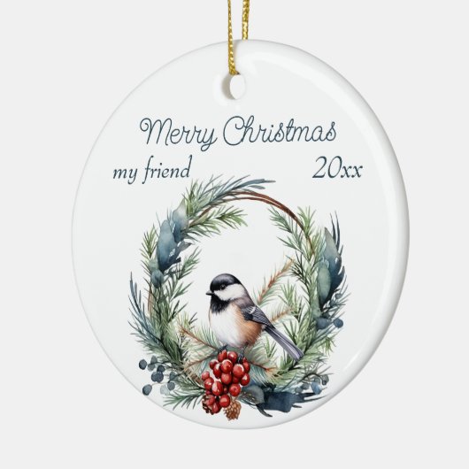 Weihnachts Custom Friend Chickadee Bird Wreath Keramik Ornament (Links)