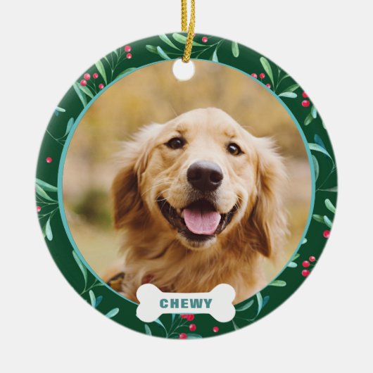 Weihnachts Custom Pet Foto Blätter Berries Keramik Ornament (Vorne)