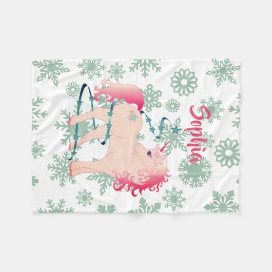 Weihnachts Custom Unicorn Girl Snowflake Fleecedecke (Vorderseite (Horizontal))