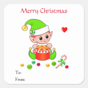 Weihnachts-Cute-Elf für Geschenke & Gefälligkeiten Quadratischer Aufkleber