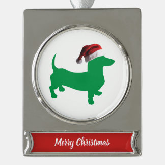 Weihnachts-Dackel mit einem Weihnachtshut Banner-Ornament Silber