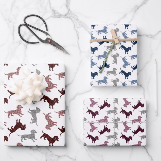 Weihnachts-Dackeln in Damask Geschenkpapier Set (Vorderseite)
