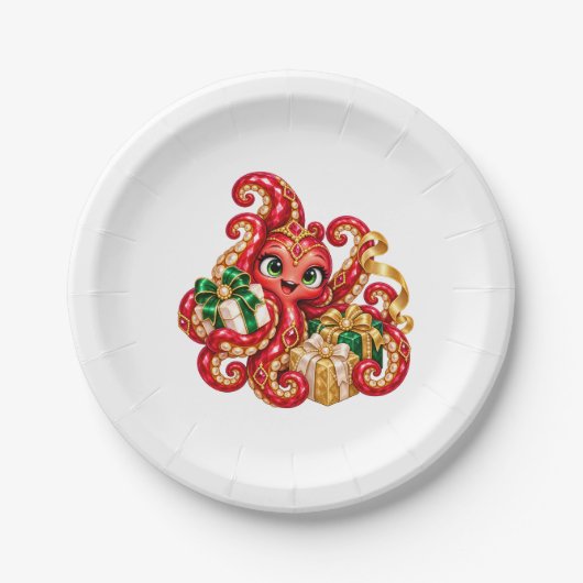 Weihnachts-Dessert-Teller – Eva der Oktopus Pappteller (Vorderseite)