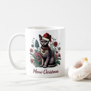 Weihnachts Devon Rex Katze: Weihnachtsmannmütze un Kaffeetasse