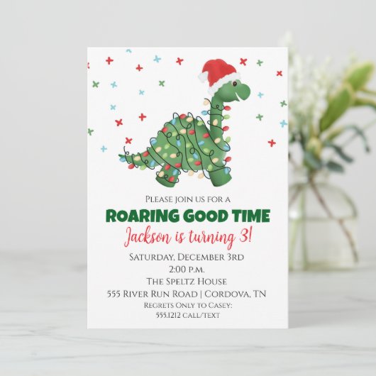 Weihnachts-Dinosaurier Geburtstagseinladung Einladung (Stehend Vorderseite)