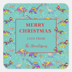 Weihnachts-Dinosaurier-Muster mit Familiennamen Quadratischer Aufkleber