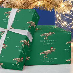 Weihnachts-Dinosaurier Personalisierter Jungenname Geschenkpapier
